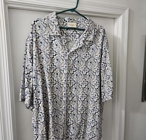 YoungLA White and Blue Geometric Casual Button-Down Shirt